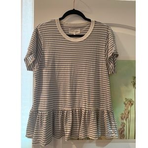 THE GREAT. Blue Striped Peplum T-Shirt